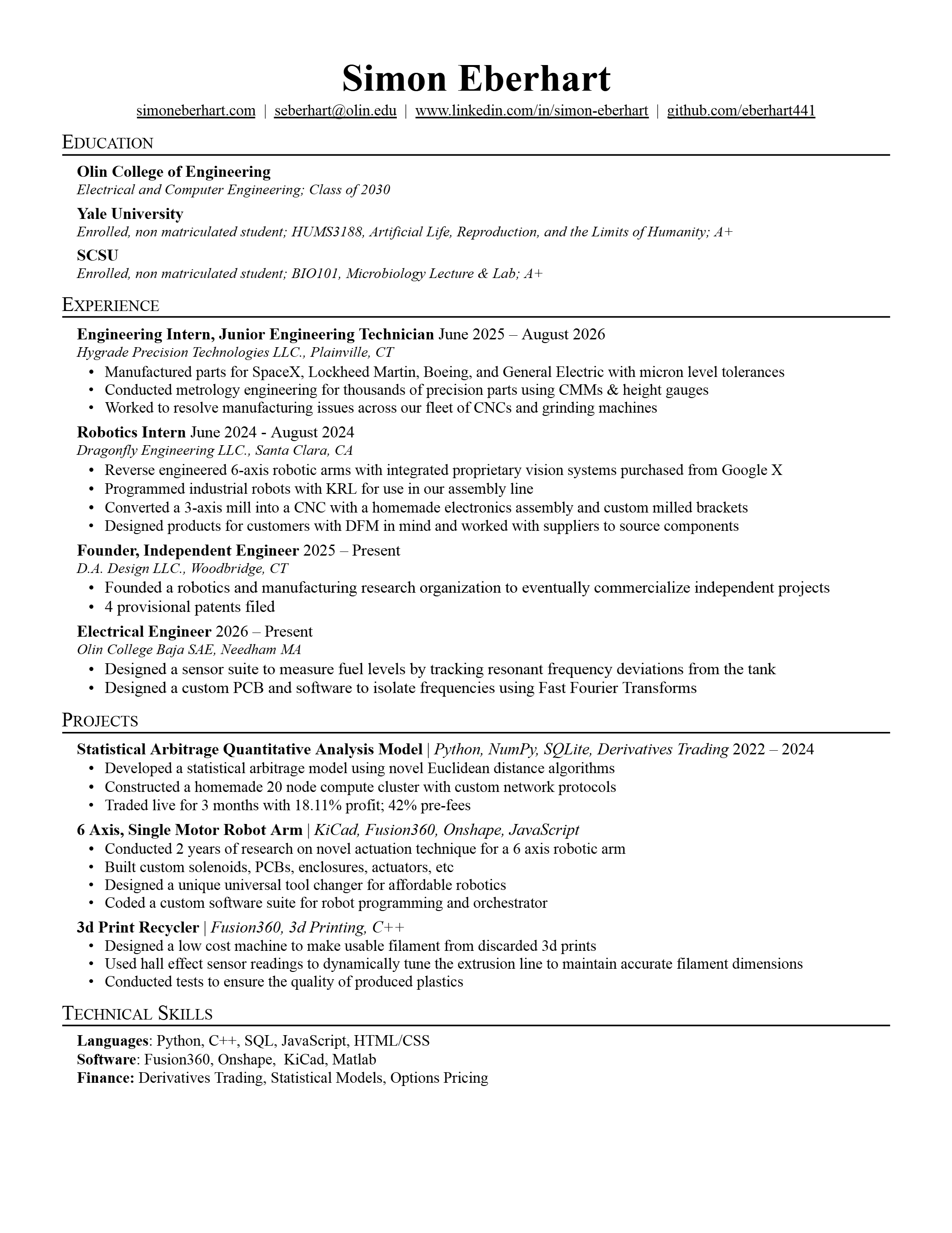 Résumé of Simon Eberhart: education, experience, projects and technical skills. The PDF has the same content as text.