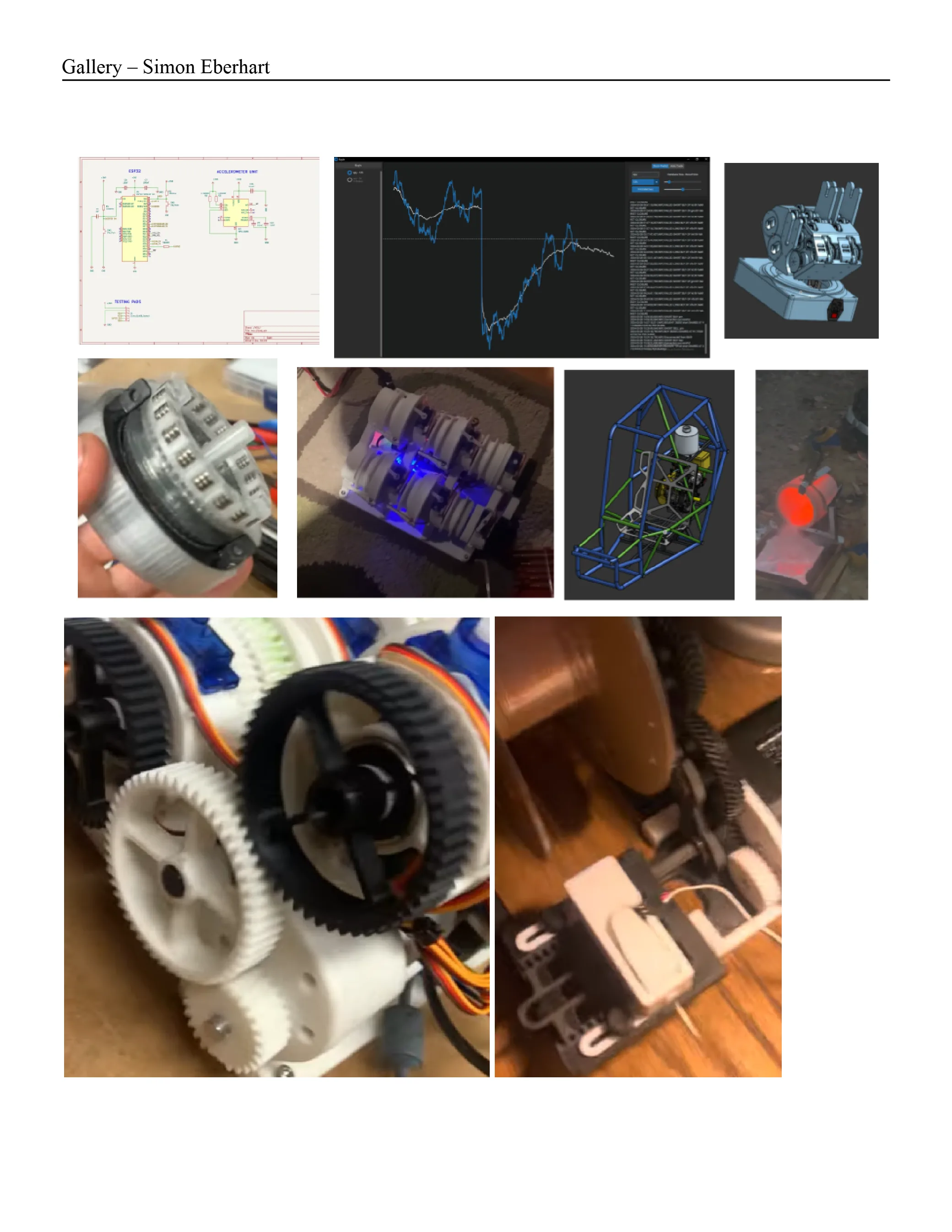 Gallery of project photos: a circuit schematic, a signal plot, robot arm CAD and hardware, a Baja SAE frame, a foundry pour and gear assemblies.